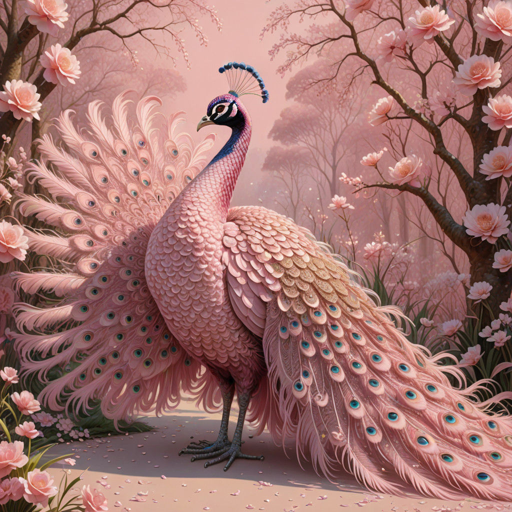 Hyperrealistic Pastel Pink Peacock Dance