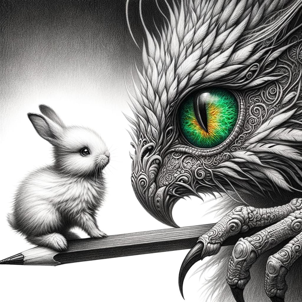 Enigmatic Creature Watches Whimsical Bunny in Fantastical Re...