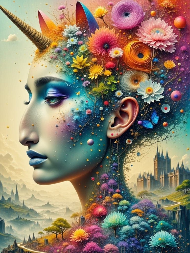 Woman-Unicorn Hybrid in Vibrant Surreal Colors