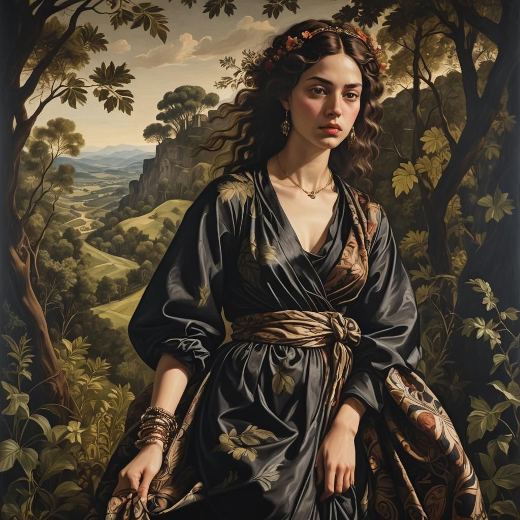 Chiaroscuro Female Figure in Romantic Landscape