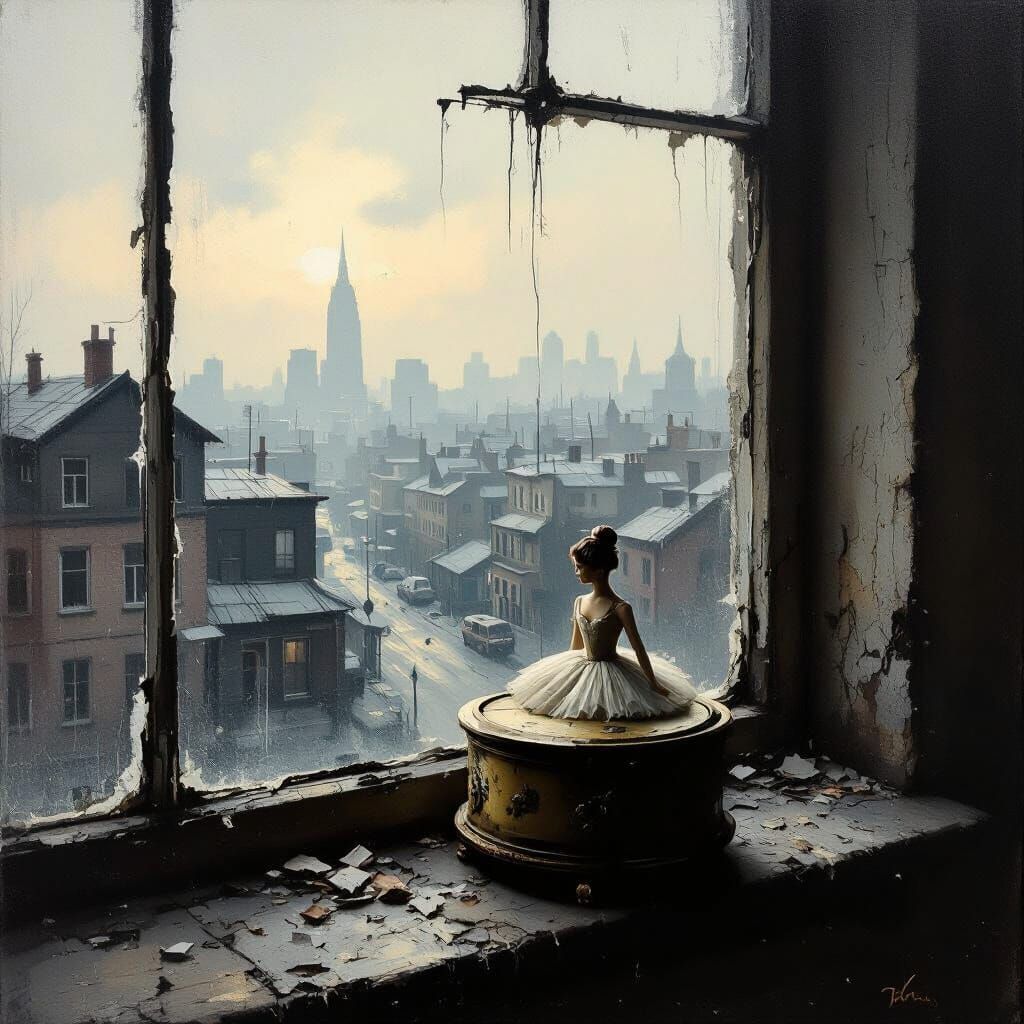 Worn Ballerina Music Box Overlooking Slum Town