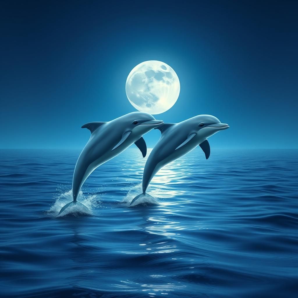 Dolphins Leap Under Moonlight in Dreamy Fantasy Art