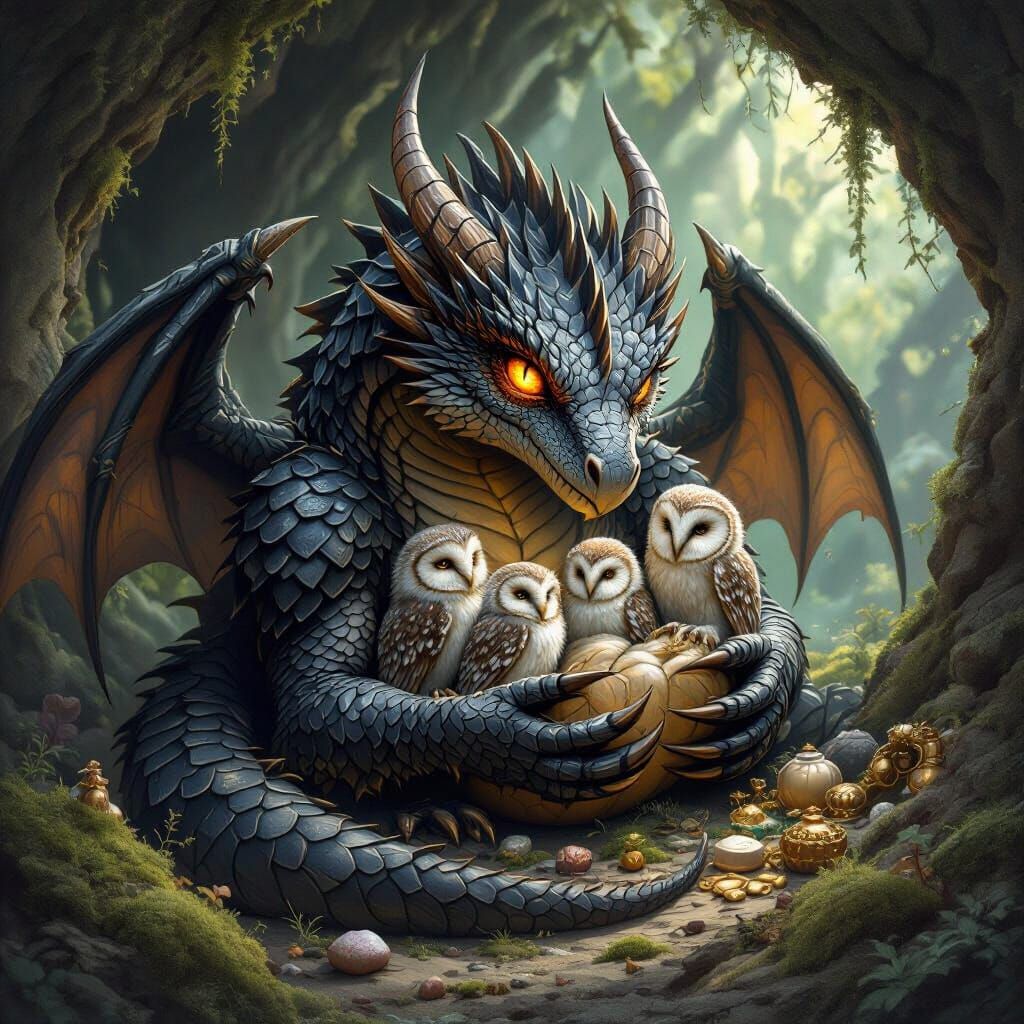 Dragon Cradling Owlets in Hidden Cavern, Dark Fantasy Art