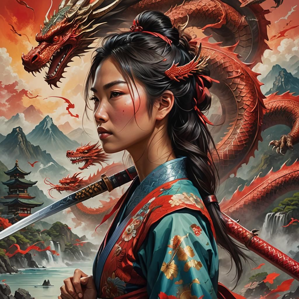 Asian Woman Samurai with Dragon in Hyperrealistic Style
