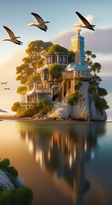 Dreamy Shoreline Scene with Pelicans and Seagulls