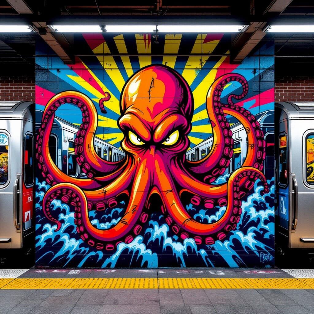Mythical Kraken Street Art Mural in Pop Art Style