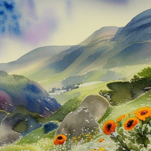 Watercolor Yarn Tapestry of Irish Hillsides