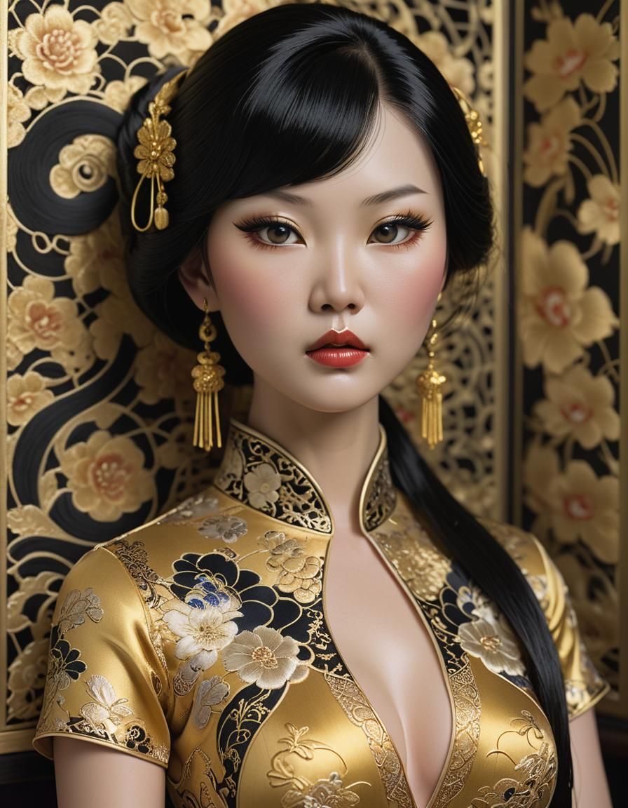 Golden Cheongsam Portrait in Art Nouveau Style