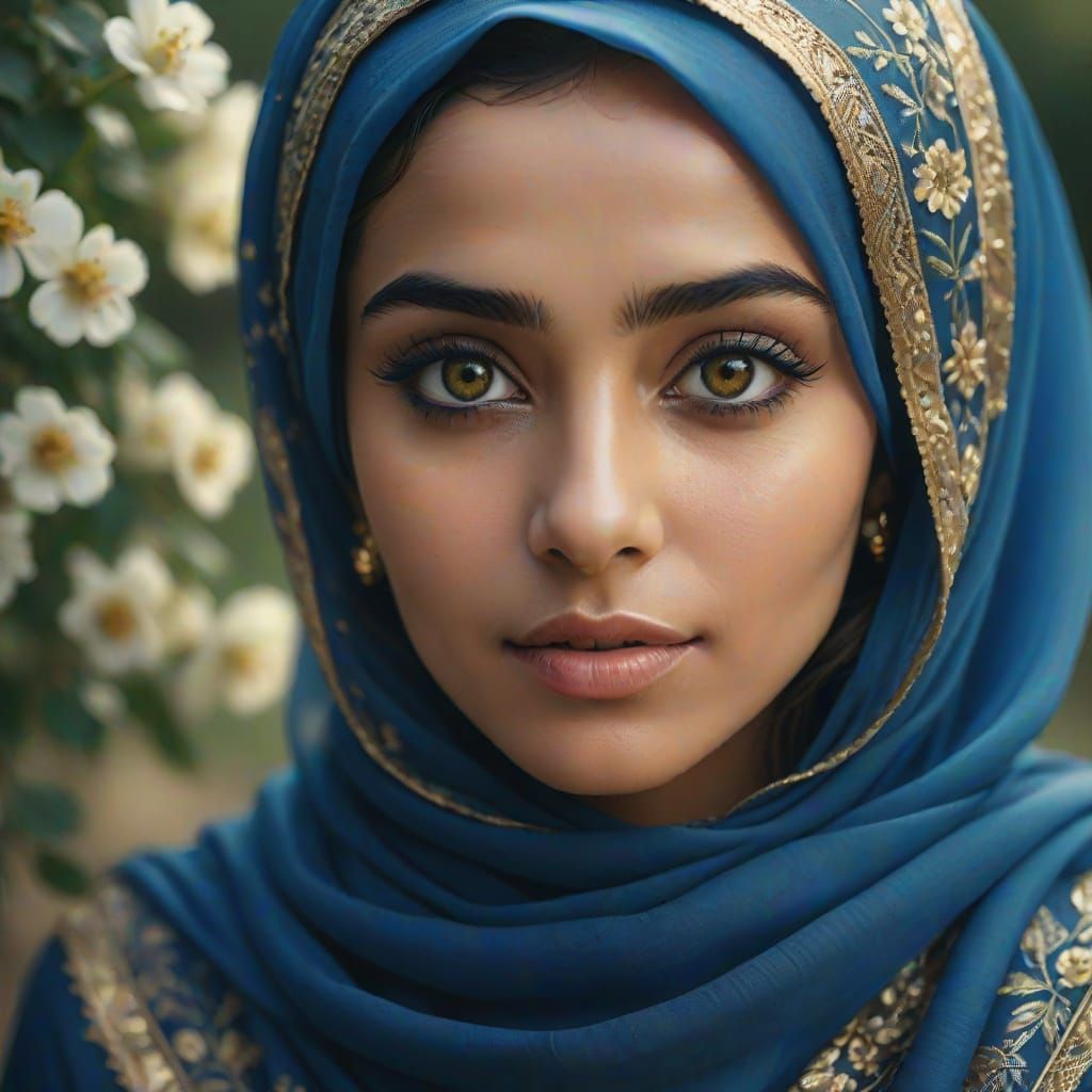 Close-up Portrait Of A Woman Wearing A Blue Hijab