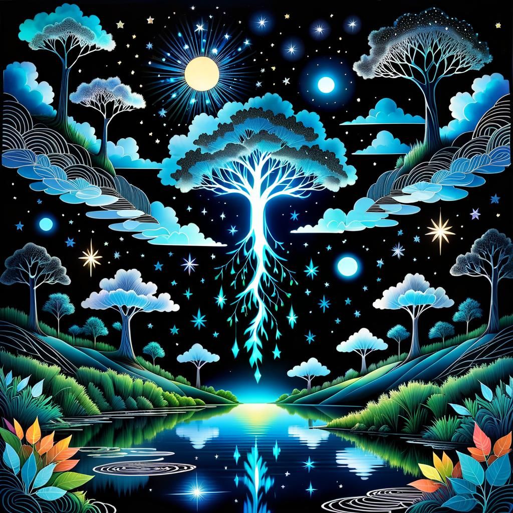 Psychedelic Bioluminescent Oasis with Zentangle Clouds