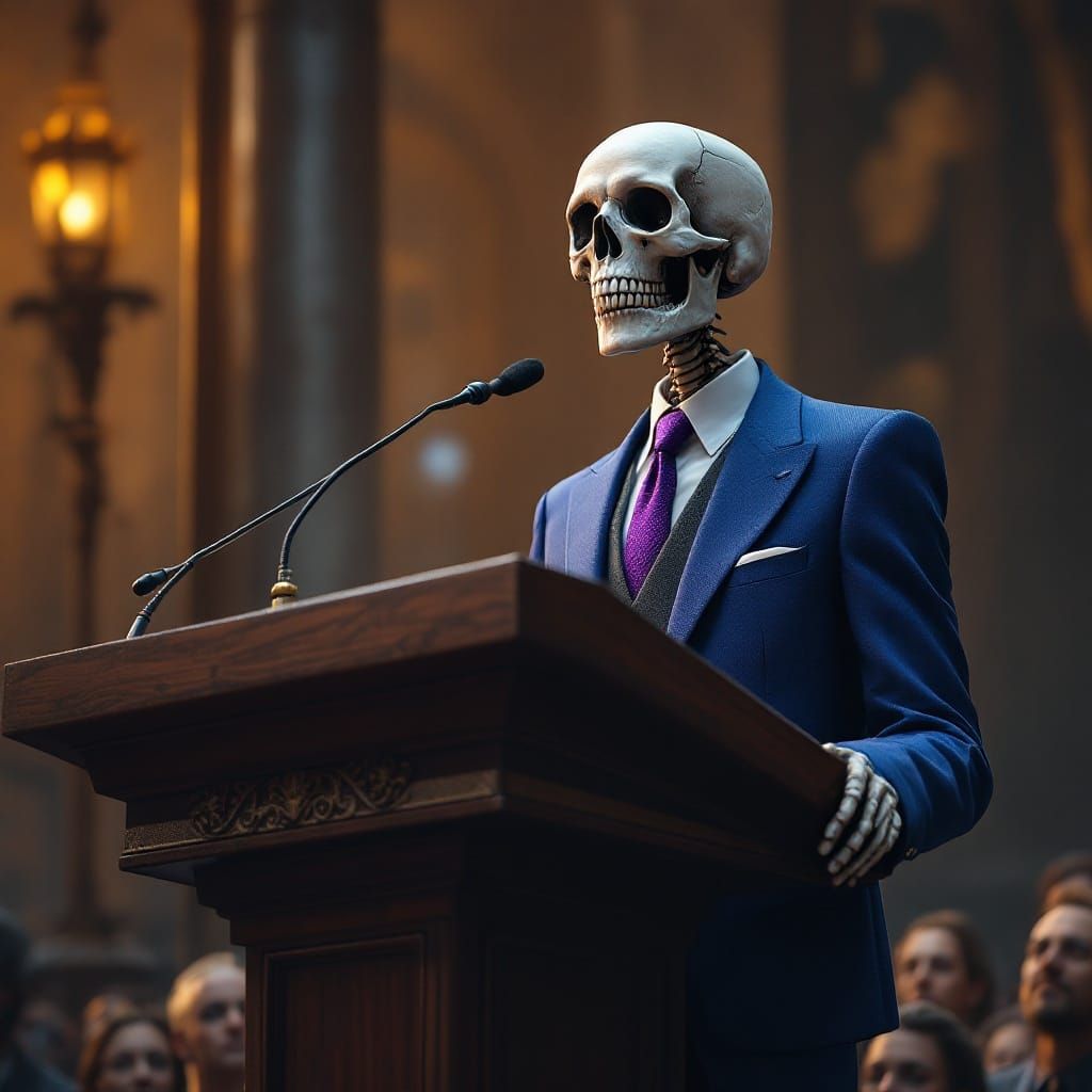 Skeleton Giving Speech in Industrial Mystical Style