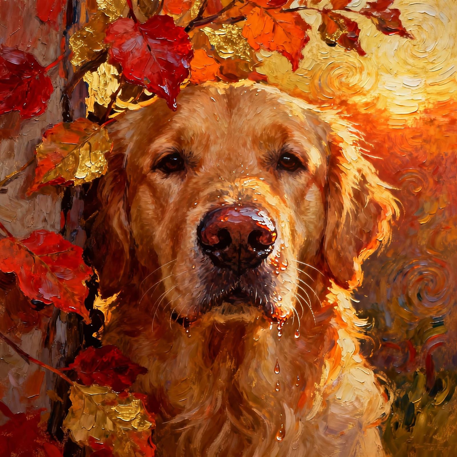 Golden Retriever Nose in Textured Autumn Leaves