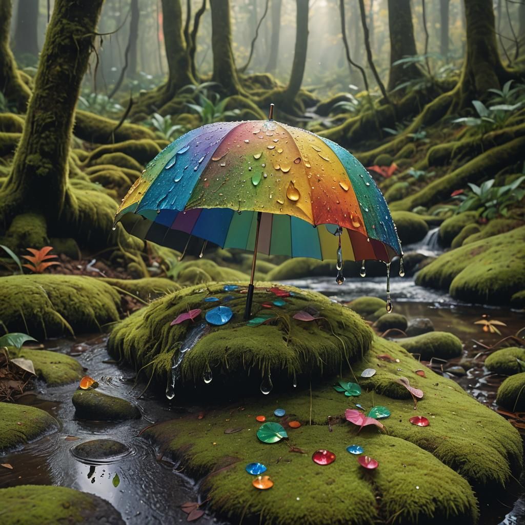 Water Droplet Umbrella in Mystical Forest: Oil Painting