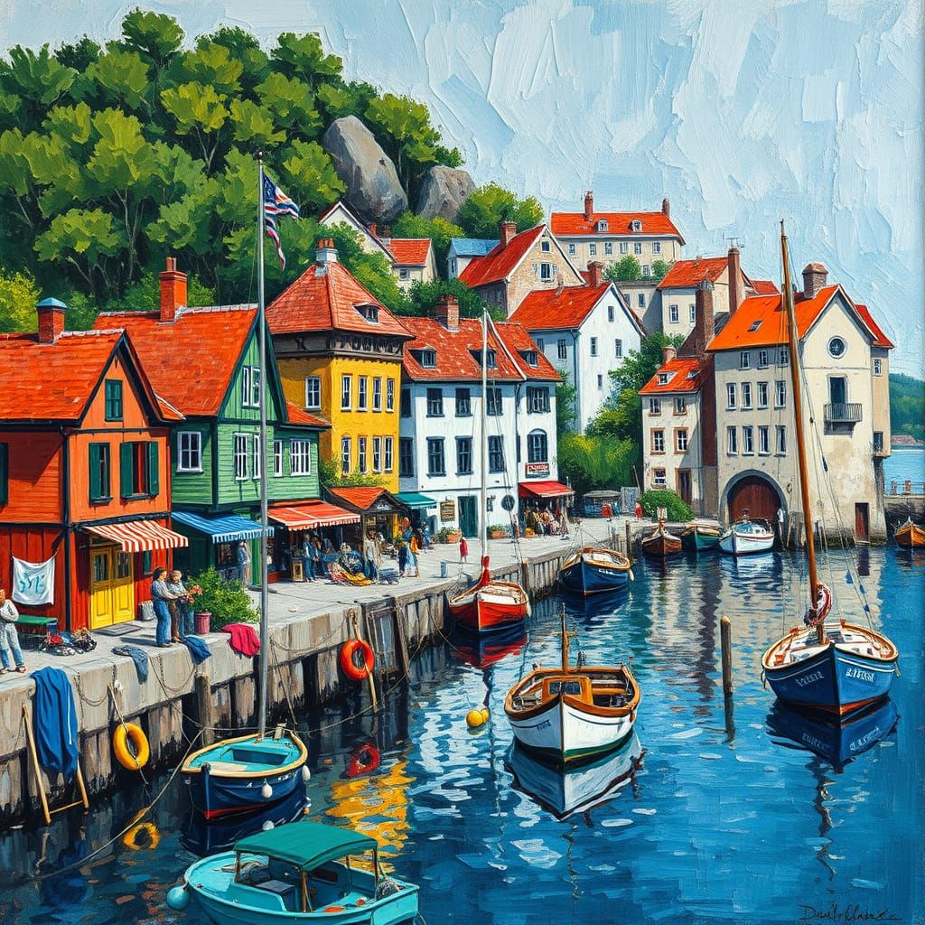 Colorful Waterfront Village in Expressionist Oil Painting