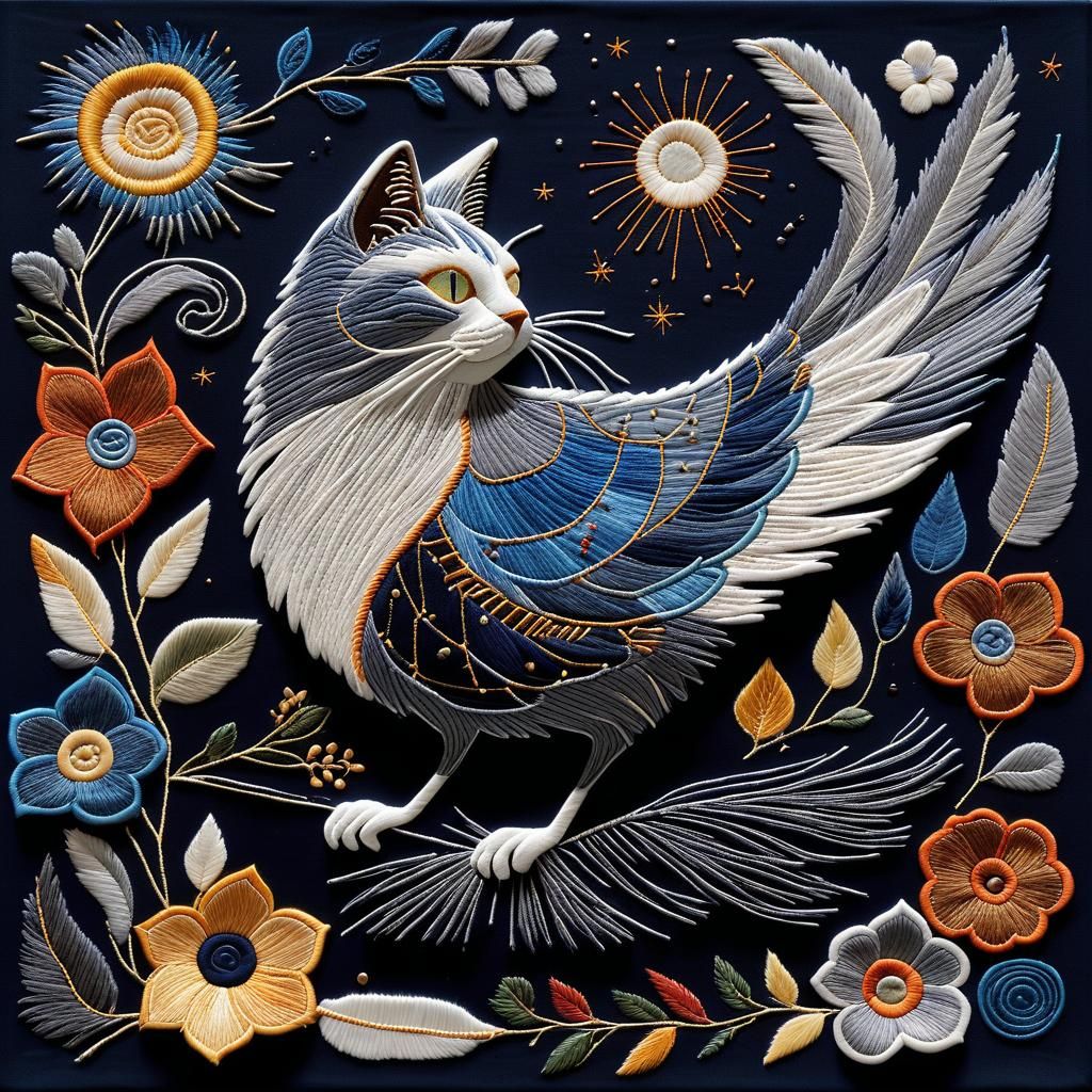 Embroidered Cats Gaze at Starry Night