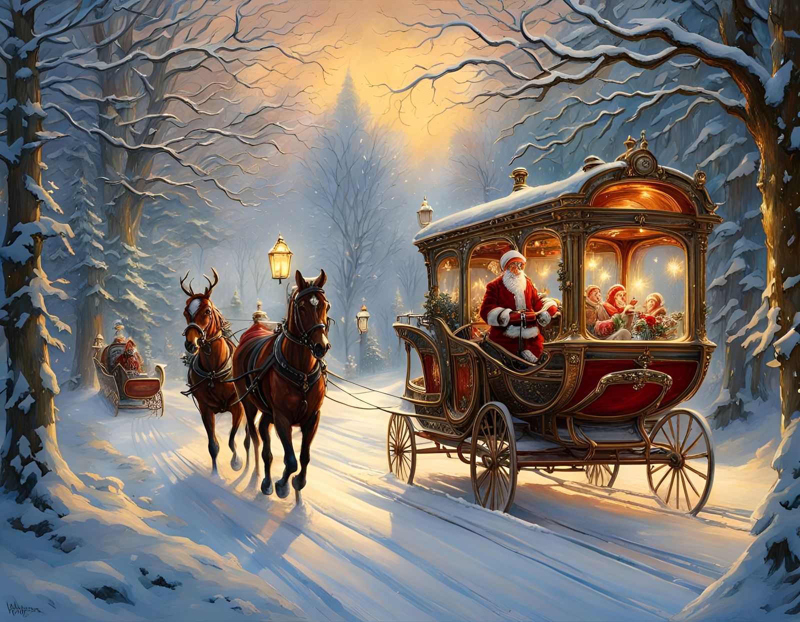 Steampunk Santa Sleigh on Snowy Road: Art Nouveau