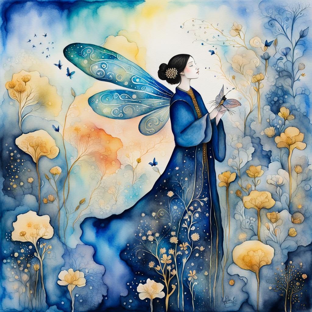 Dreamy Fairy in Surrealist Watercolor Landscape