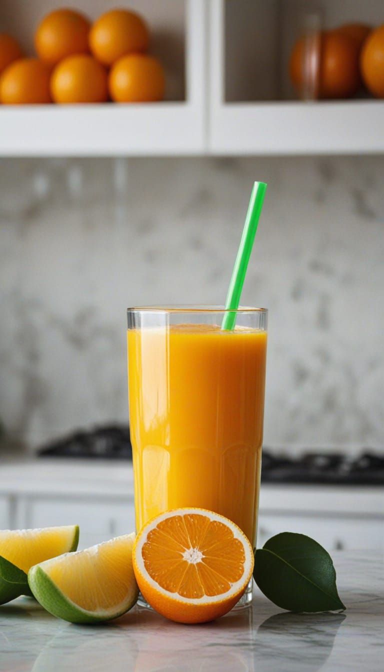 Fresh Orange Juice Poured on a Kitchen Counter