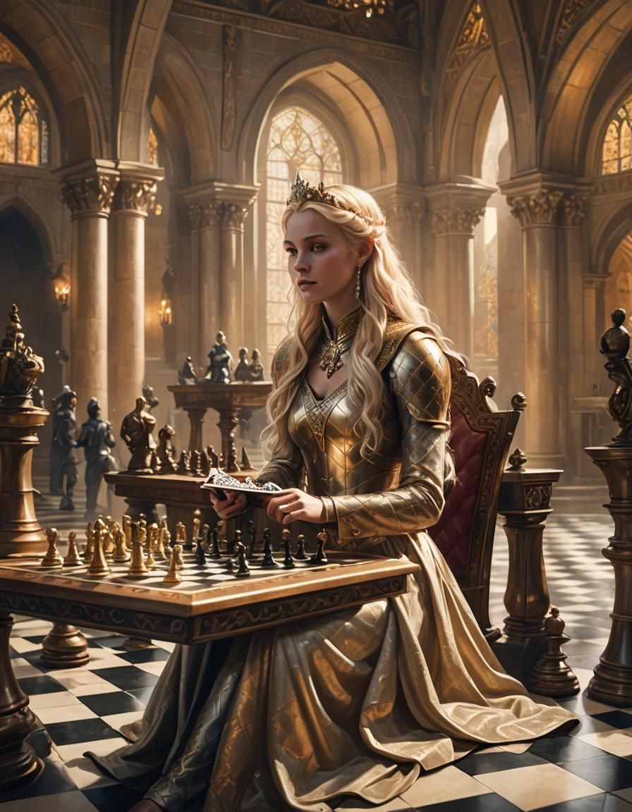 Blonde Queen Plays Chess in Golden Vault