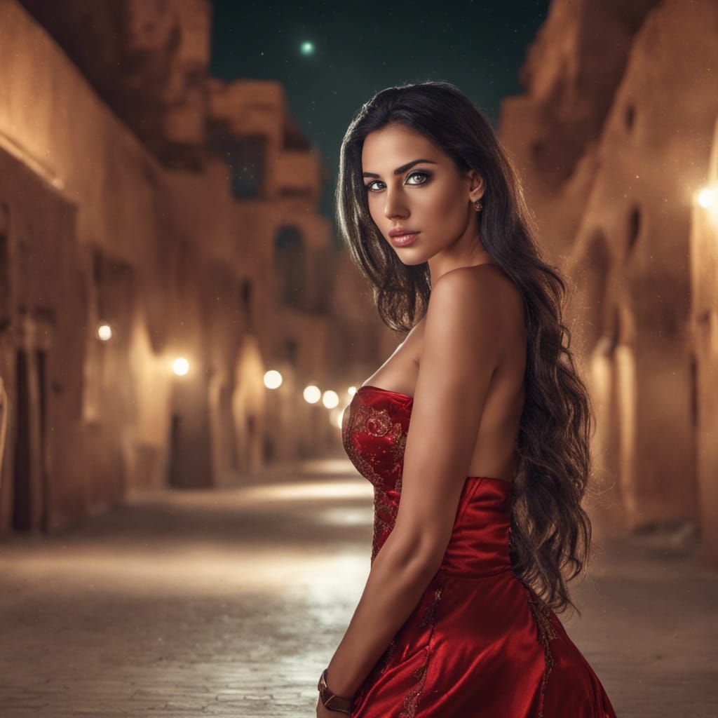 Arabian Girl in Red Dress at Night