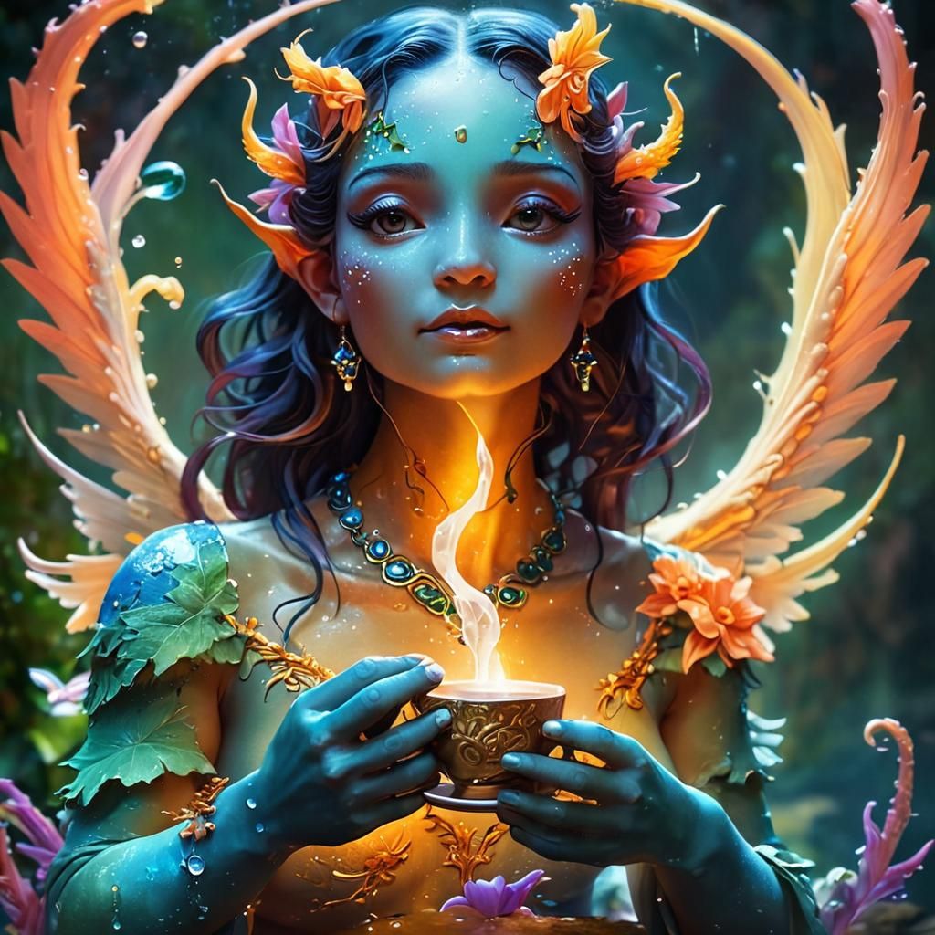 Water Nymph Sipping Tea in an Enchanted Forest