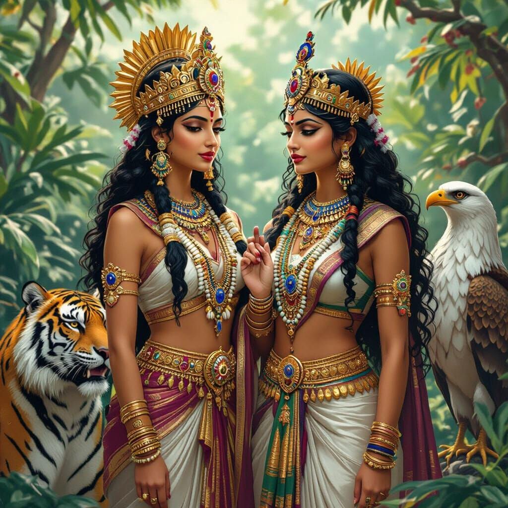 Cleopatra & Goddesses in Lush Green Realm with Mythical Beas...