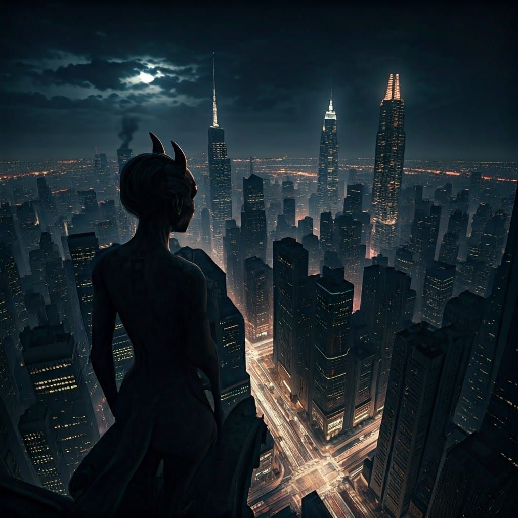 Gargoyle Over Neon Megacity at Night