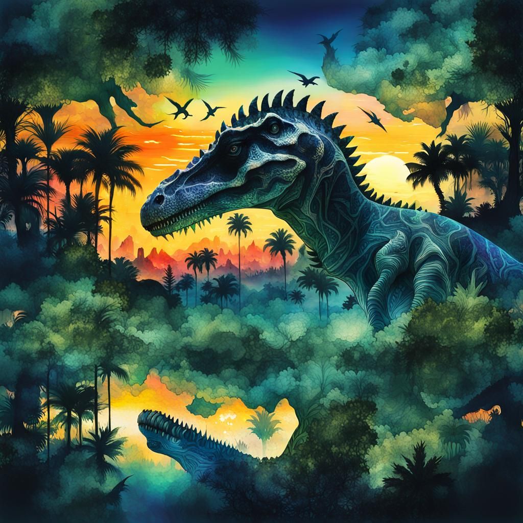 Double Exposure Dinosaur Sunset in Watercolor Style