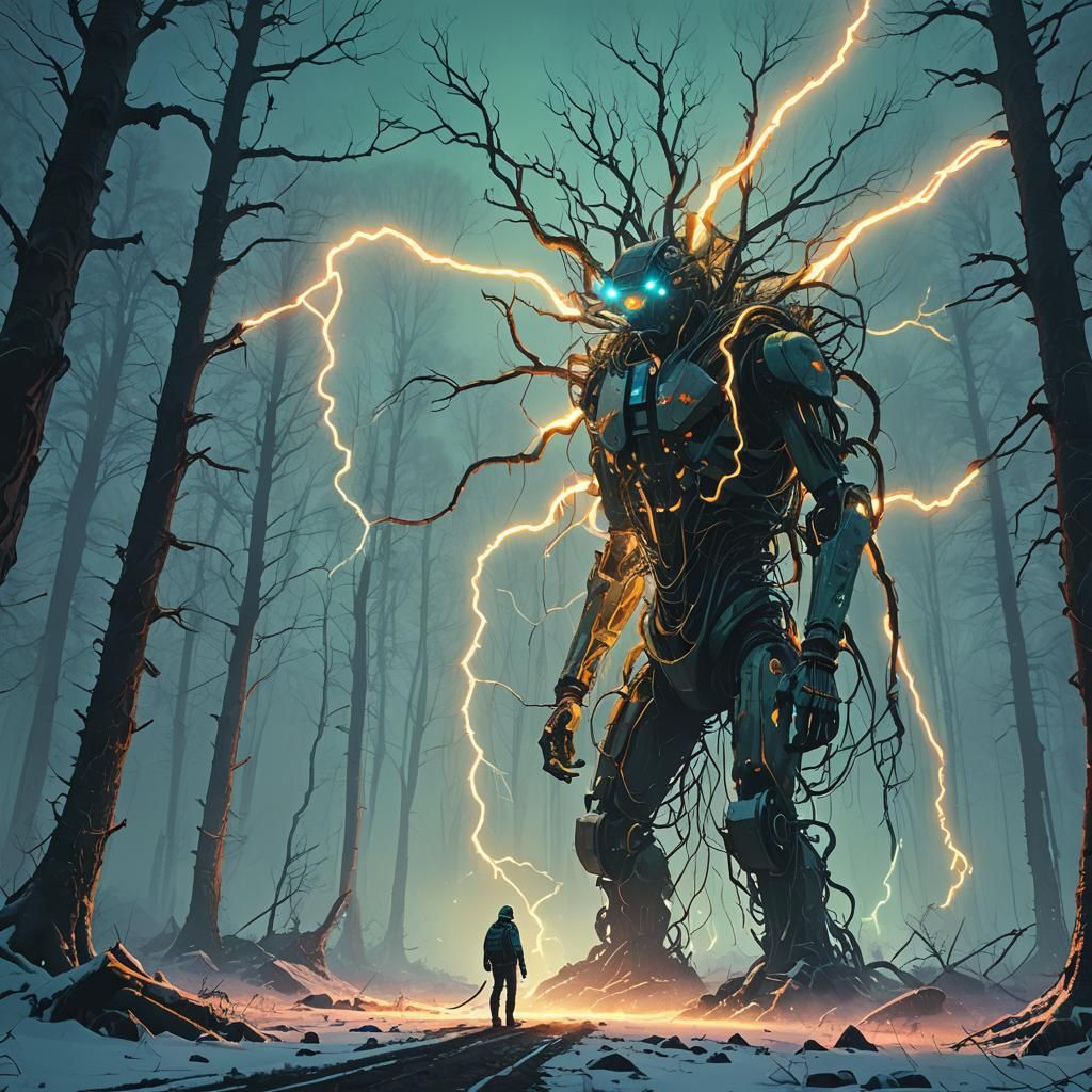 Electric Being in Mystical Forest: Digital Concept Art