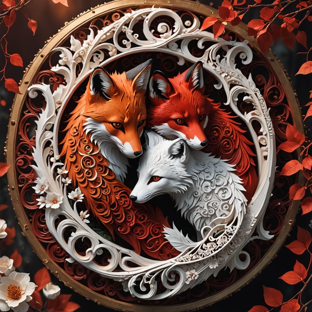 Fantasy Foxes in Whimsical Harmony, Swirling Lace and Colors