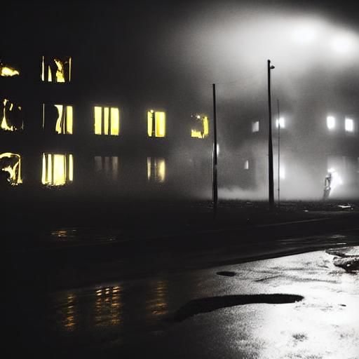 Dystopian Cityscape with Neon, Fire, and Robots