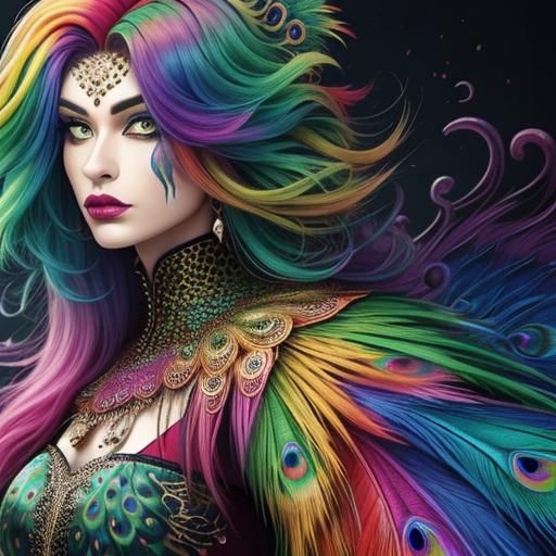 Rainbow Dragon Woman with Peacock Hair: Abstract Art