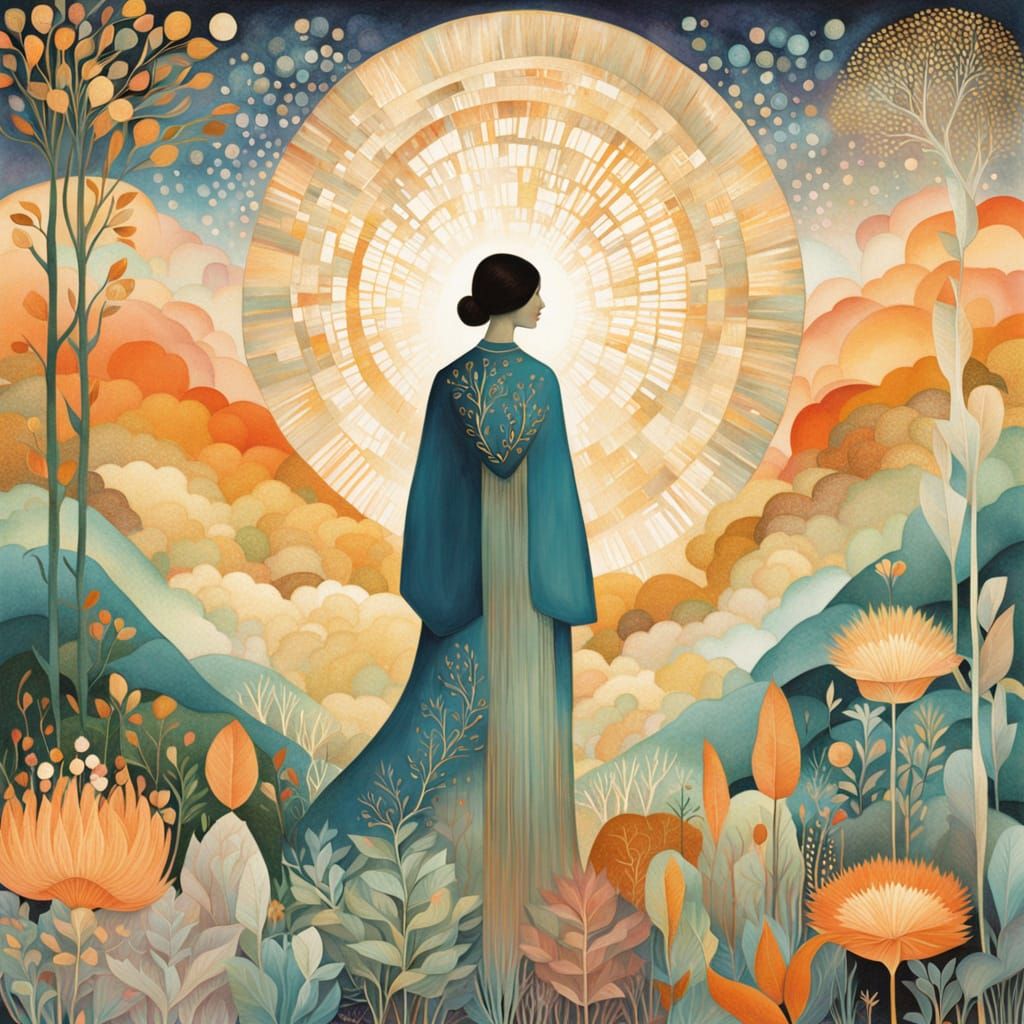 Ethereal Landscape with Kneeling Figure and Lush Flora