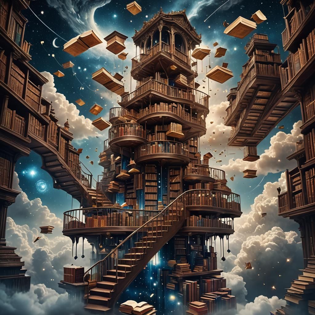 Celestial Library in Clouds with Floating Books