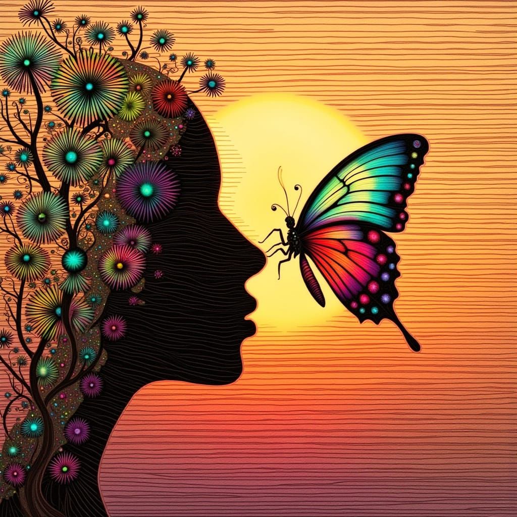 Surreal Butterfly Portrait in Rustic Glitch-Art Style