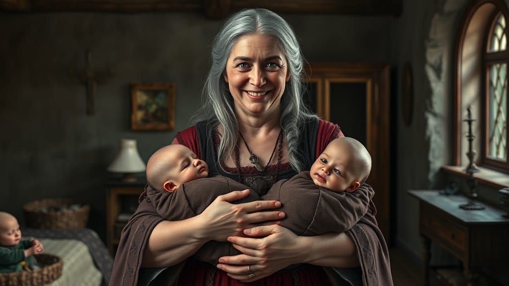 Midwife with Twins in Whimsical Medieval Bedroom