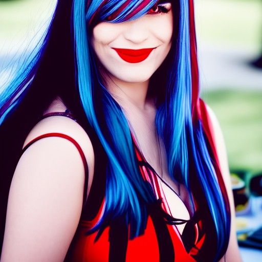 Smiling Blue-Haired Woman at Dinner Table