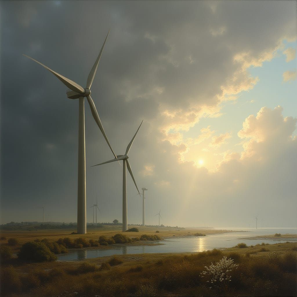 Wind Turbine in Storm: Romantic Landscape Art
