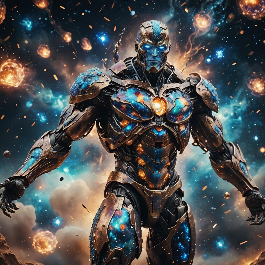 colossal godlike faceless titan figure with transparent body made of swirling galaxies and nebulae