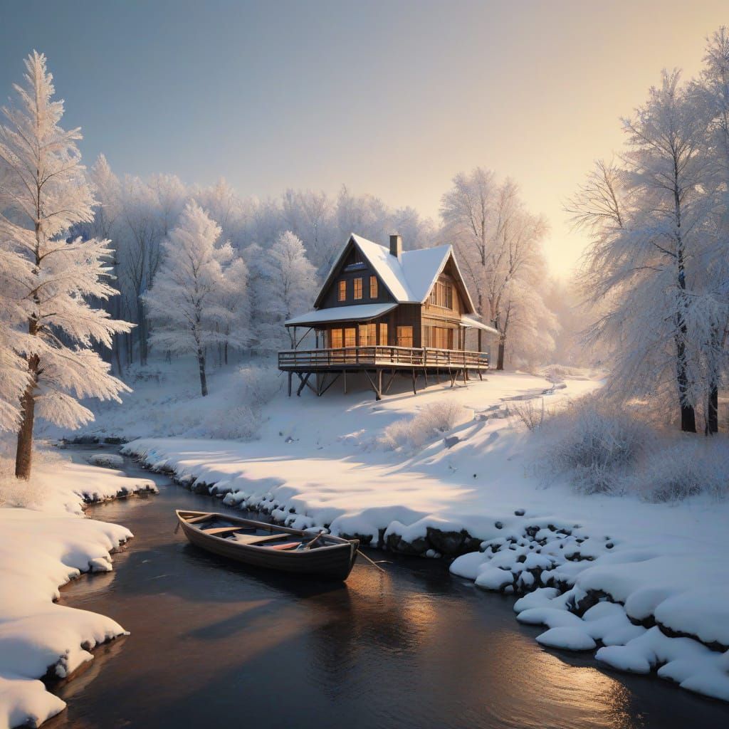 Winter Wonderland in Golden Light: Serene Charcoal Drawing