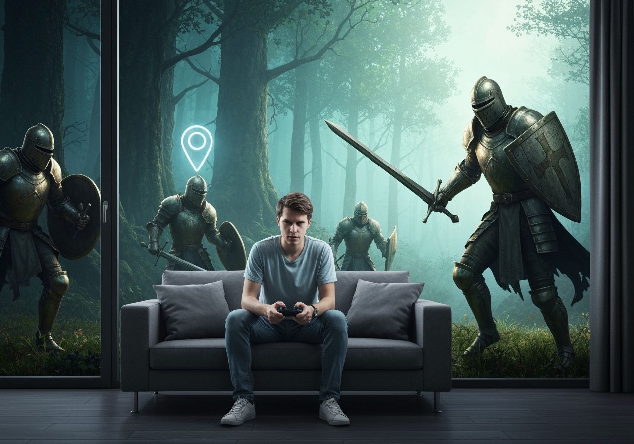 Man Gaming in Enchanted Forest Living Room