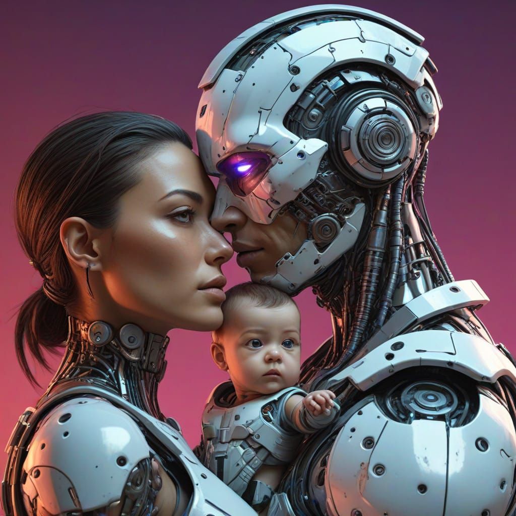 Cyborg Family in a Futuristic Cityscape