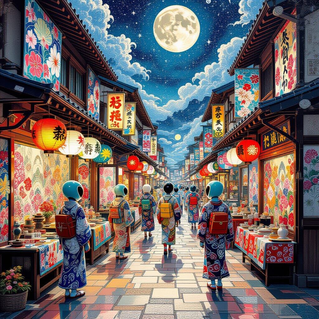 Bustling Alien Market in Dreamlike Surrealism Style