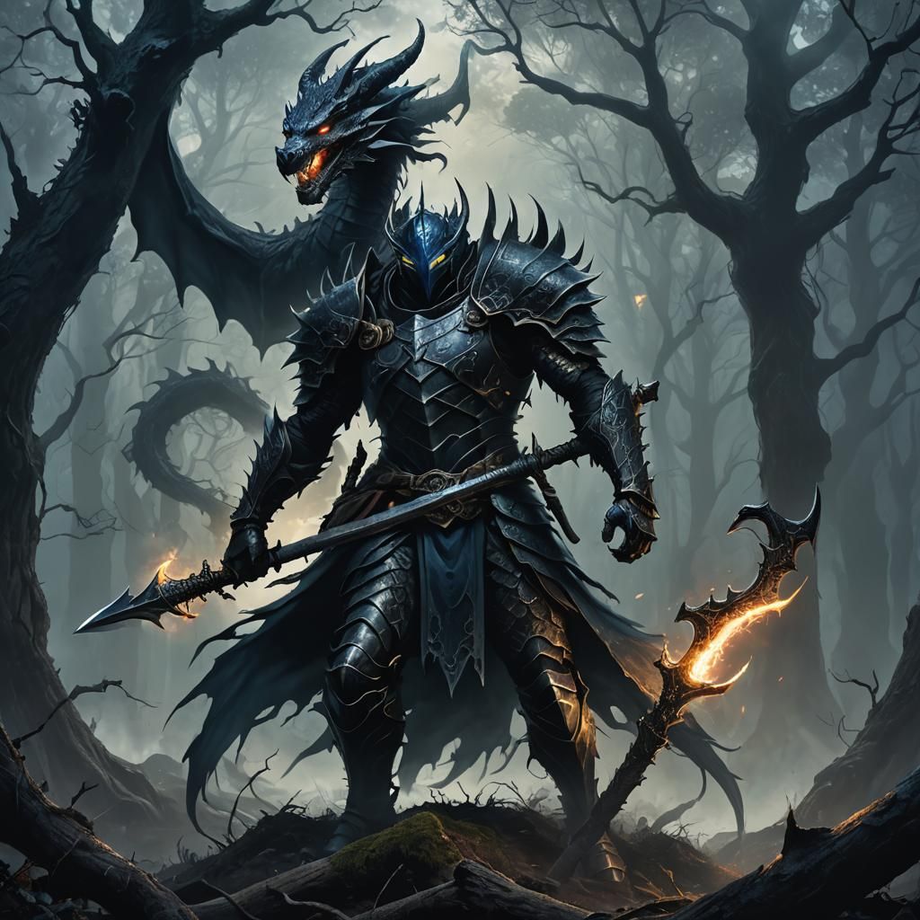 Dragon Warrior in Shadow Armor: Dark Fantasy Art