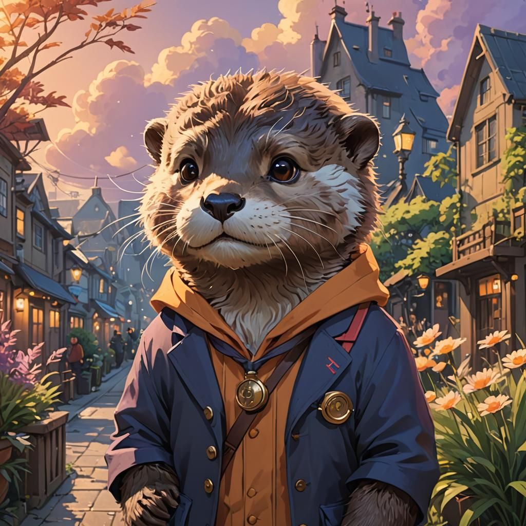 Cute Otter Artist in Ghibli-Inspired Illustration