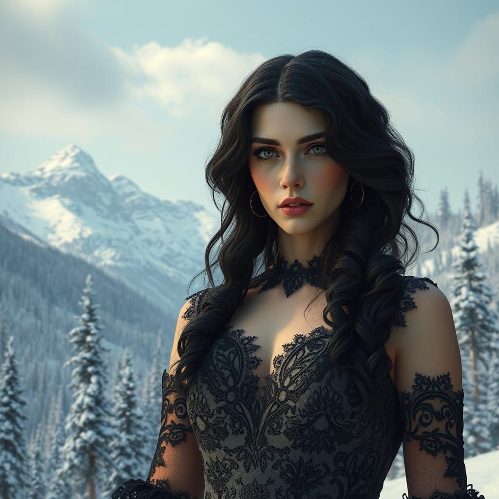 Ethereal Raven-Haired Beauty in Winter Wonderland
