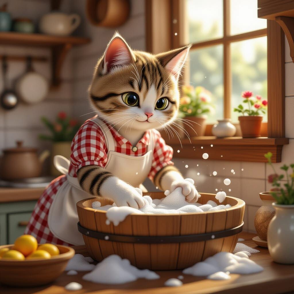 Storybook Cat Mother Washing Dishes in Warm Light