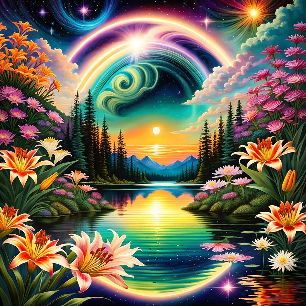 Psychedelic Xanadu Topography Reflecting Starry Universe