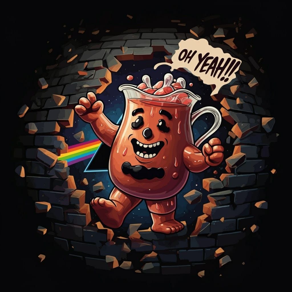 Kool Aid Man Smashes Through Psychedelic Pink Floyd Wall