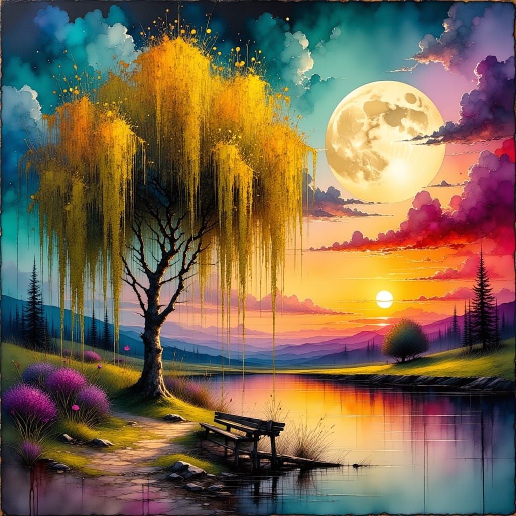 Golden Willow Tree Under Moonlight: Dreamy Painterly Landsca...